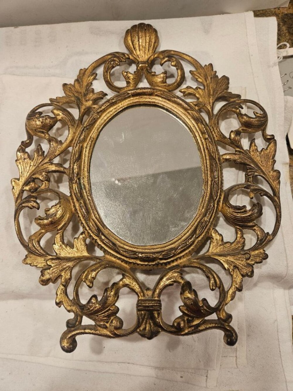 Title: VTG Rococo Gold Cast Iron Ornate Filigree Oval Vanity Frame Mirror Victor